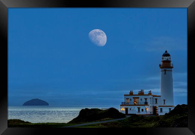 Moonset over Turnberry Lighthouse and Ailsa Craig Framed Print by Derek Beattie