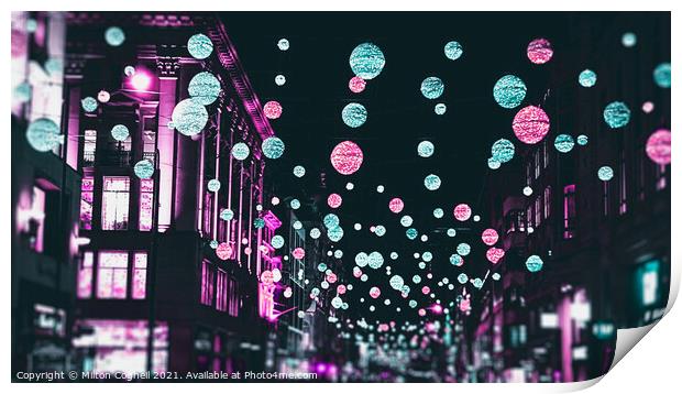London Christmas Lights in cyberpunk colours Print by Milton Cogheil