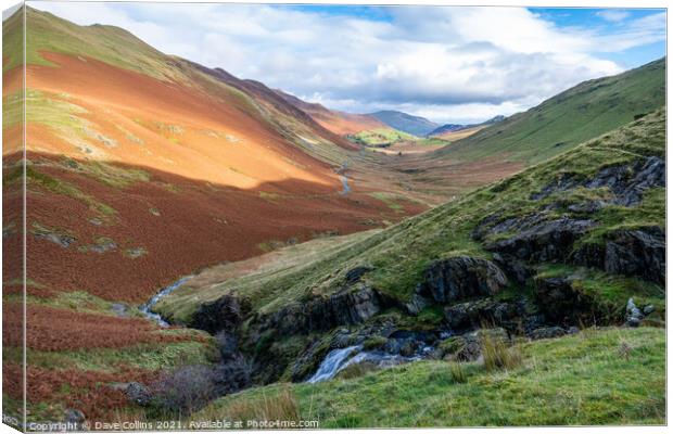 Looking North East along Newlands Pass from Moss Force in the Lake District Canvas Print by Dave Collins