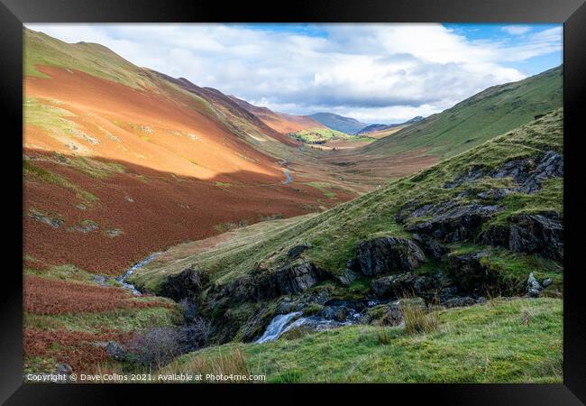 Looking North East along Newlands Pass from Moss Force in the Lake District Framed Print by Dave Collins