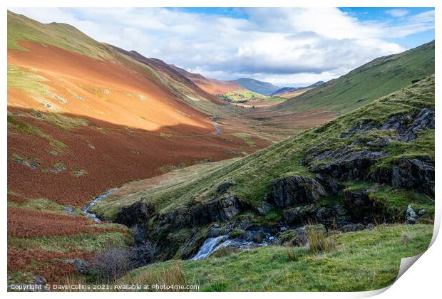 Looking North East along Newlands Pass from Moss Force in the Lake District Print by Dave Collins