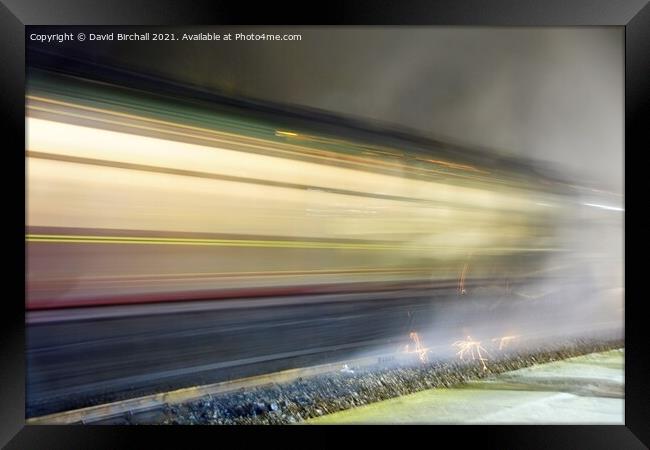 Steam train at speed at night. Framed Print by David Birchall