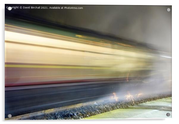 Steam train at speed at night. Acrylic by David Birchall
