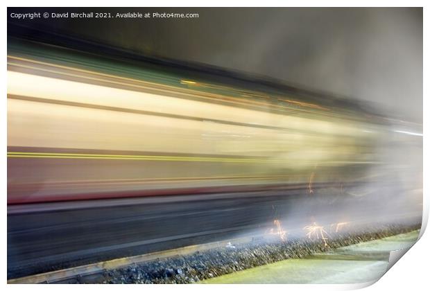 Steam train at speed at night. Print by David Birchall