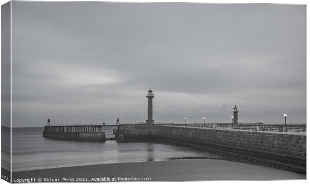 Whitby lighthouse - Monochrome Canvas Print by Richard Perks