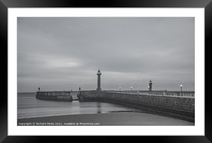 Whitby lighthouse - Monochrome Framed Mounted Print by Richard Perks
