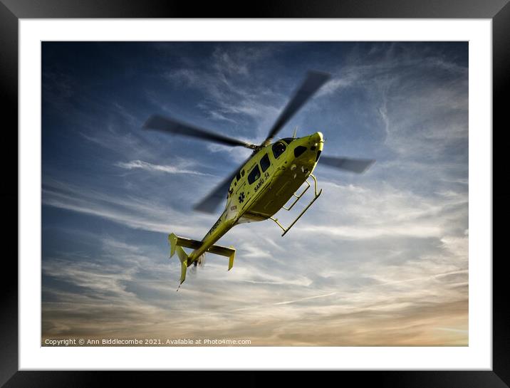 French Emergency Helicopter Framed Mounted Print by Ann Biddlecombe