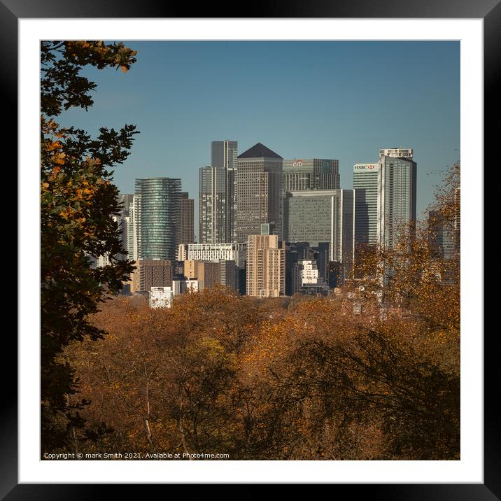 canary wharf from greenwich park Framed Mounted Print by mark Smith