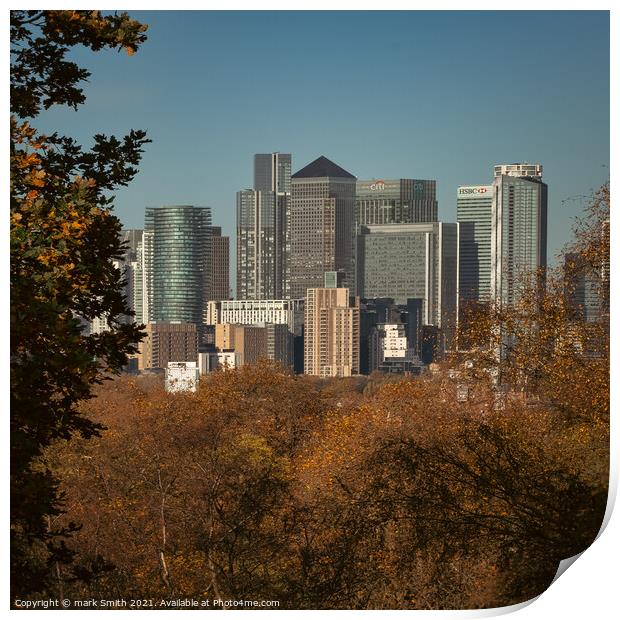 canary wharf from greenwich park Print by mark Smith