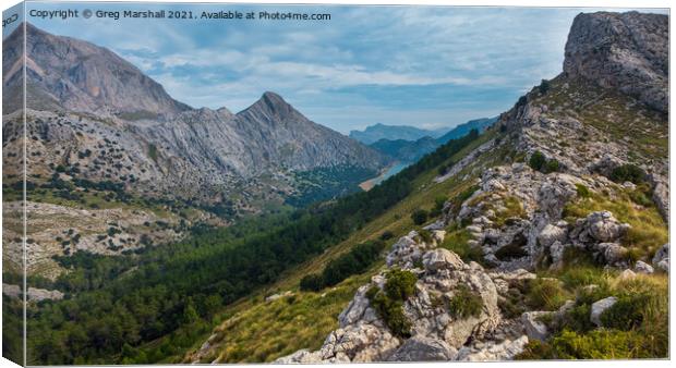 View from Puig L'Ofre mountain Mallorca to Cuber Reservoir Canvas Print by Greg Marshall