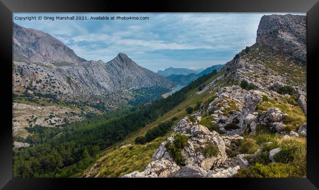 View from Puig L'Ofre mountain Mallorca to Cuber Reservoir Framed Print by Greg Marshall