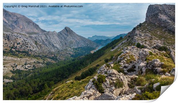 View from Puig L'Ofre mountain Mallorca to Cuber Reservoir Print by Greg Marshall