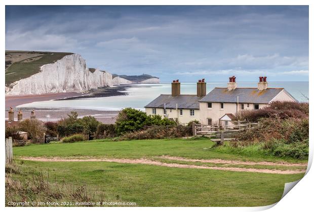 Coastguard Cottages & The Seven Sisters Print by Jim Monk