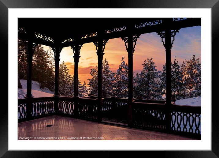 Wooden openwork gallery with sunset view Framed Mounted Print by Maria Vonotna