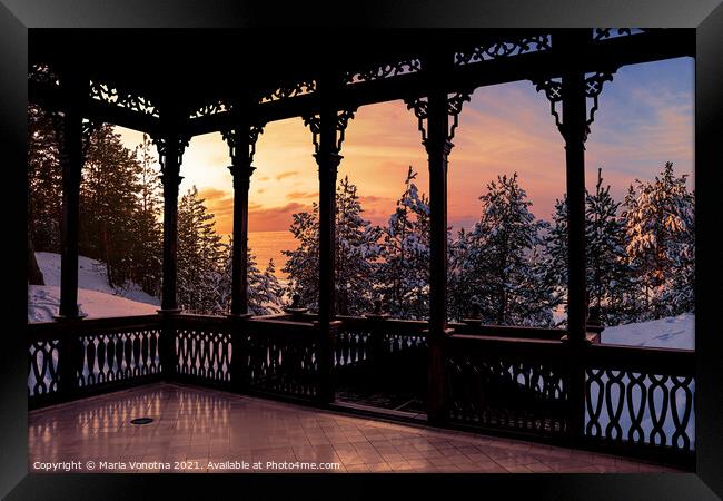Wooden openwork gallery with sunset view Framed Print by Maria Vonotna