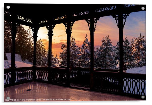 Wooden openwork gallery with sunset view Acrylic by Maria Vonotna