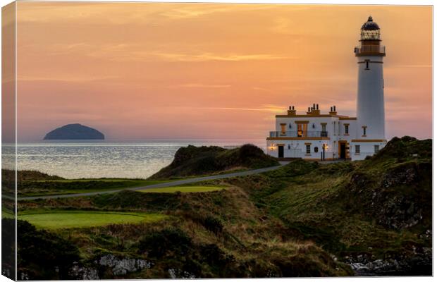 Turnberry Lighthouse and Ailsa Craig at Sunset Canvas Print by Derek Beattie