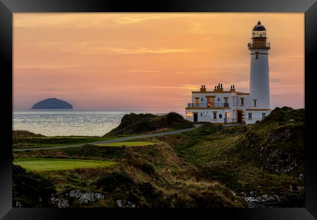 Turnberry Lighthouse and Ailsa Craig at Sunset Framed Print by Derek Beattie
