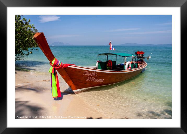 Long tail boat beached on Naka Island, Phuket Framed Mounted Print by Kevin Hellon