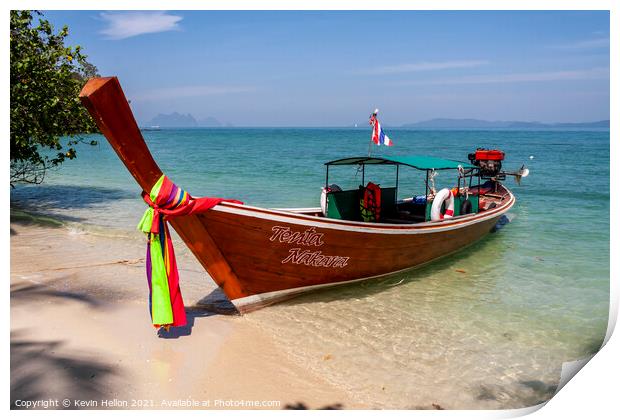 Long tail boat beached on Naka Island, Phuket Print by Kevin Hellon