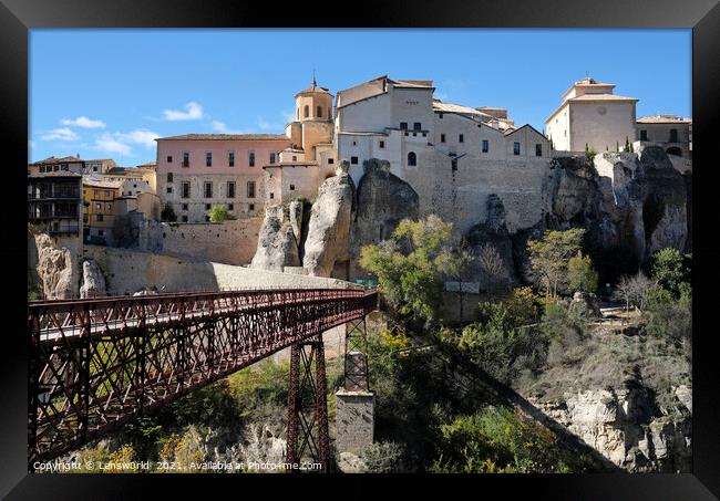 Footbridge and beautiful buildings in Cuenca, Spain, on a sunny day Framed Print by Lensw0rld 