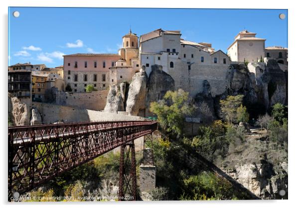 Footbridge and beautiful buildings in Cuenca, Spain, on a sunny day Acrylic by Lensw0rld 