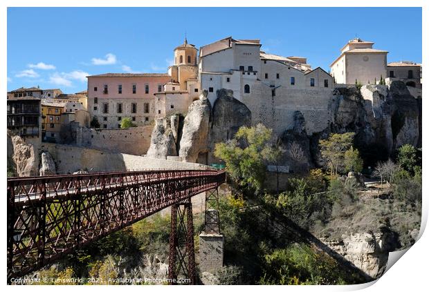 Footbridge and beautiful buildings in Cuenca, Spain, on a sunny day Print by Lensw0rld 