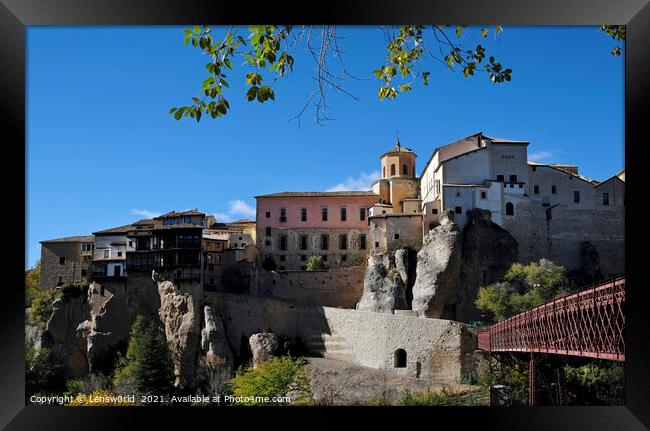 Footbridge and beautiful buildings in Cuenca, Spain, on a sunny day Framed Print by Lensw0rld 