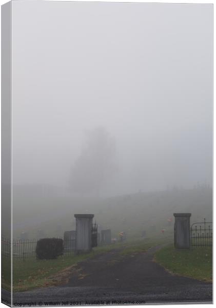 Foggy Rural Mountain Cemetery Iron Fence Entrance  Canvas Print by William Jell