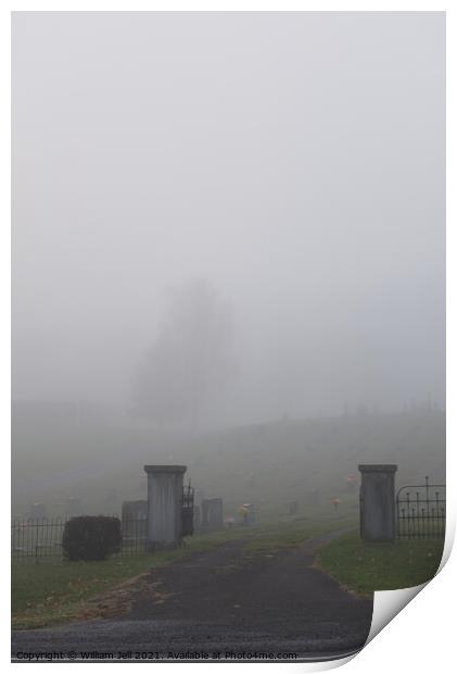 Foggy Rural Mountain Cemetery Iron Fence Entrance  Print by William Jell