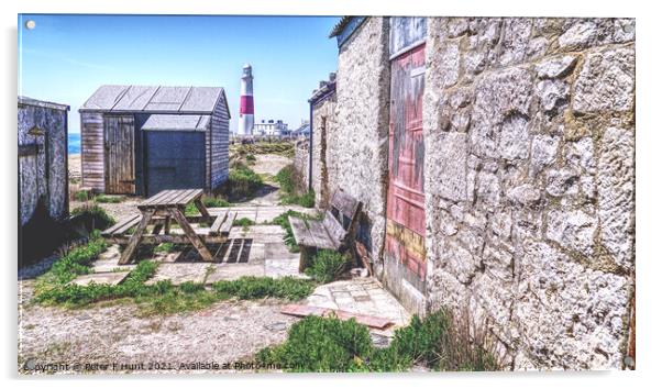 Portland Bill Fishermen's Huts And Lighthouse Acrylic by Peter F Hunt
