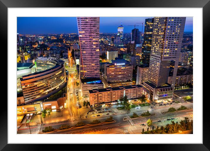 Warsaw City Downtown By Night In Poland Framed Mounted Print by Artur Bogacki