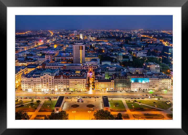 Warsaw Cityscape At Night In Poland Framed Mounted Print by Artur Bogacki