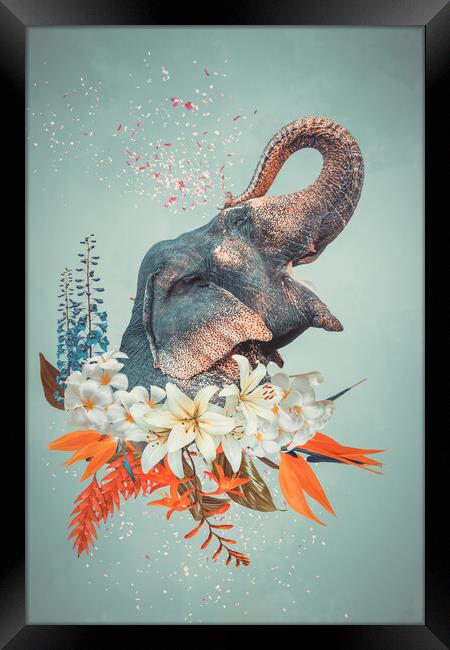 Abstract art collage of elephant with flowers Framed Print by Svetlana Radayeva