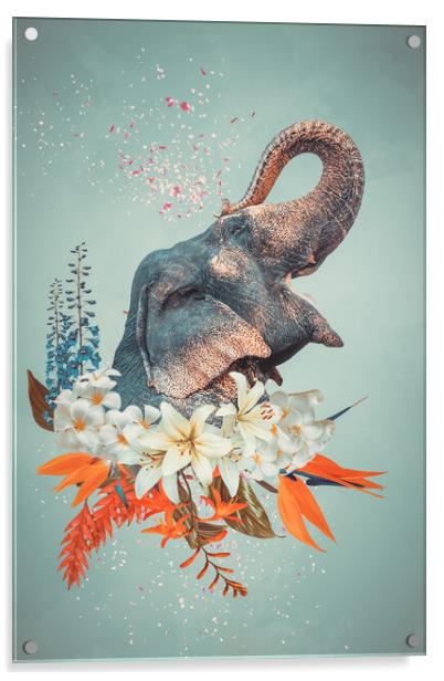 Abstract art collage of elephant with flowers Acrylic by Svetlana Radayeva