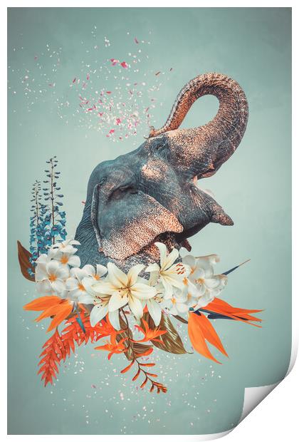 Abstract art collage of elephant with flowers Print by Svetlana Radayeva