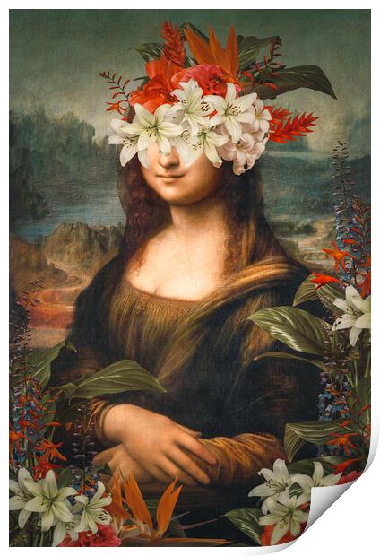 Abstract art collage of Leonardo da Vinci Portrait of Mona Lisa del Giocondo and flowers Print by Svetlana Radayeva