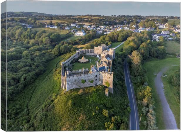 Manorbier castle from the air by drone Canvas Print by Leighton Collins
