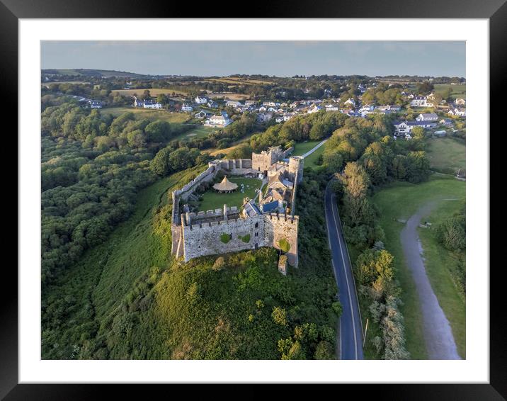 Manorbier castle from the air by drone Framed Mounted Print by Leighton Collins