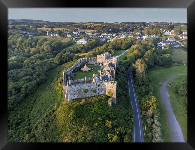 Manorbier castle from the air by drone Framed Print by Leighton Collins