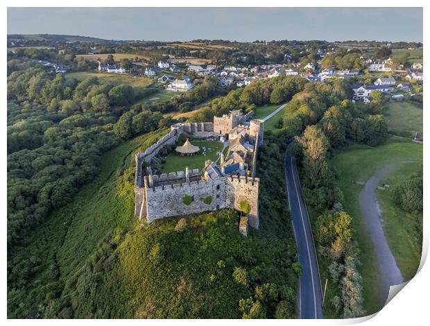 Manorbier castle from the air by drone Print by Leighton Collins