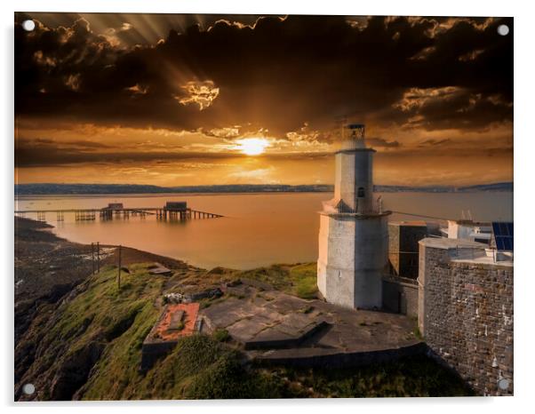 Sunset over Mumbles Lighthouse Acrylic by Leighton Collins