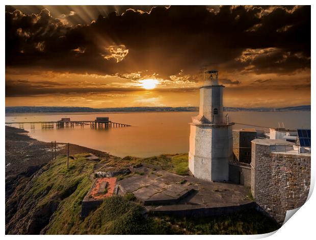 Sunset over Mumbles Lighthouse Print by Leighton Collins