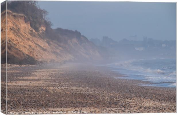 Lowestoft beach on a misty morning as the tide was going out  Canvas Print by Holly Burgess
