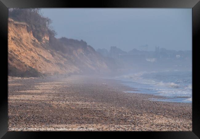 Lowestoft beach on a misty morning as the tide was going out  Framed Print by Holly Burgess