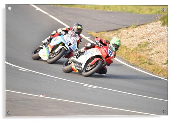 IOM TT road races, Cameron Donald leading Bruce Anstey Acrylic by Russell Finney