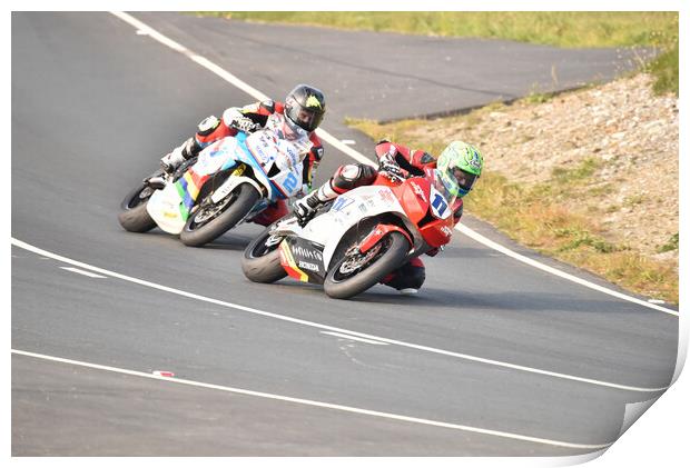 IOM TT road races, Cameron Donald leading Bruce Anstey Print by Russell Finney