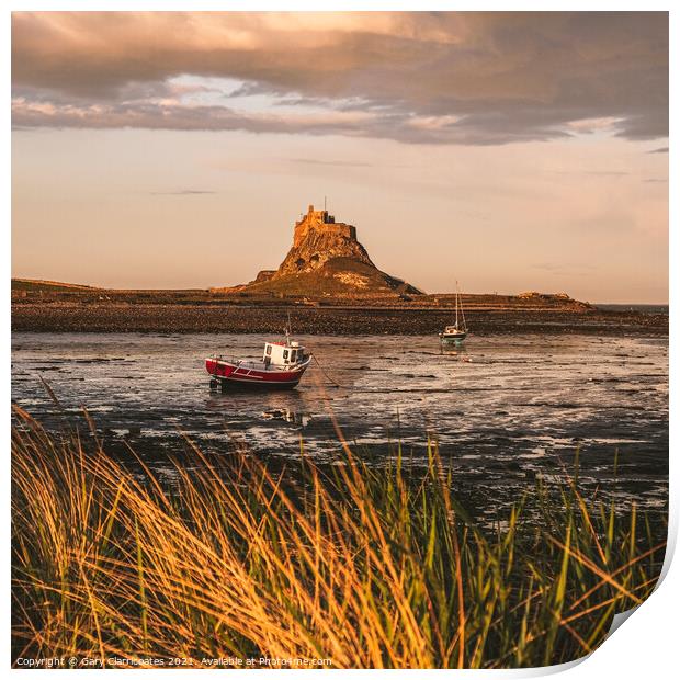Lindisfarne Castle at Low Tide Print by Gary Clarricoates