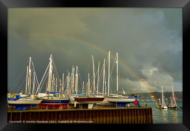 Rainbow over the boats docked in Falmouth Harbour Framed Print by Gordon Maclaren