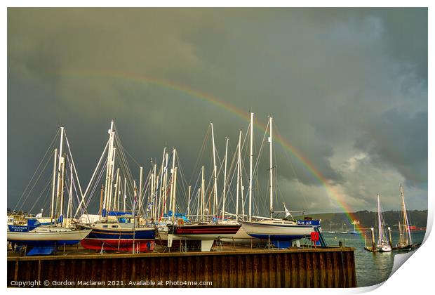 Rainbow over the boats docked in Falmouth Harbour Print by Gordon Maclaren